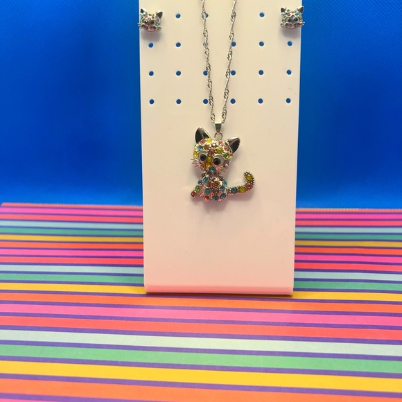 NWOT - Multi-Colored Rhinestone Kitty Necklace AND Earrings!!!! - Picture 4 of 8